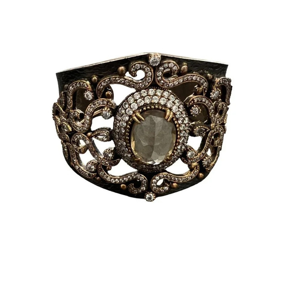 Designer Handcrafted Oxidized Sterling Silver Crystal Embellished Cuff - Picture 1 of 11